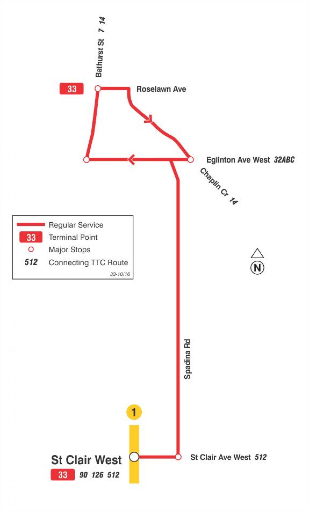 แผนที่ของ TTC 33 ป่าฮิลเส้นทางรถบัสโตรอนโต