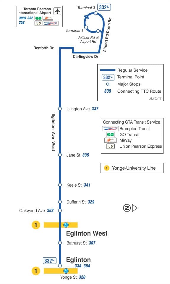 แผนที่ของ TTC 332 Eglinton ทางตะวันตกนรถคันเส้นทางโตรอนโต