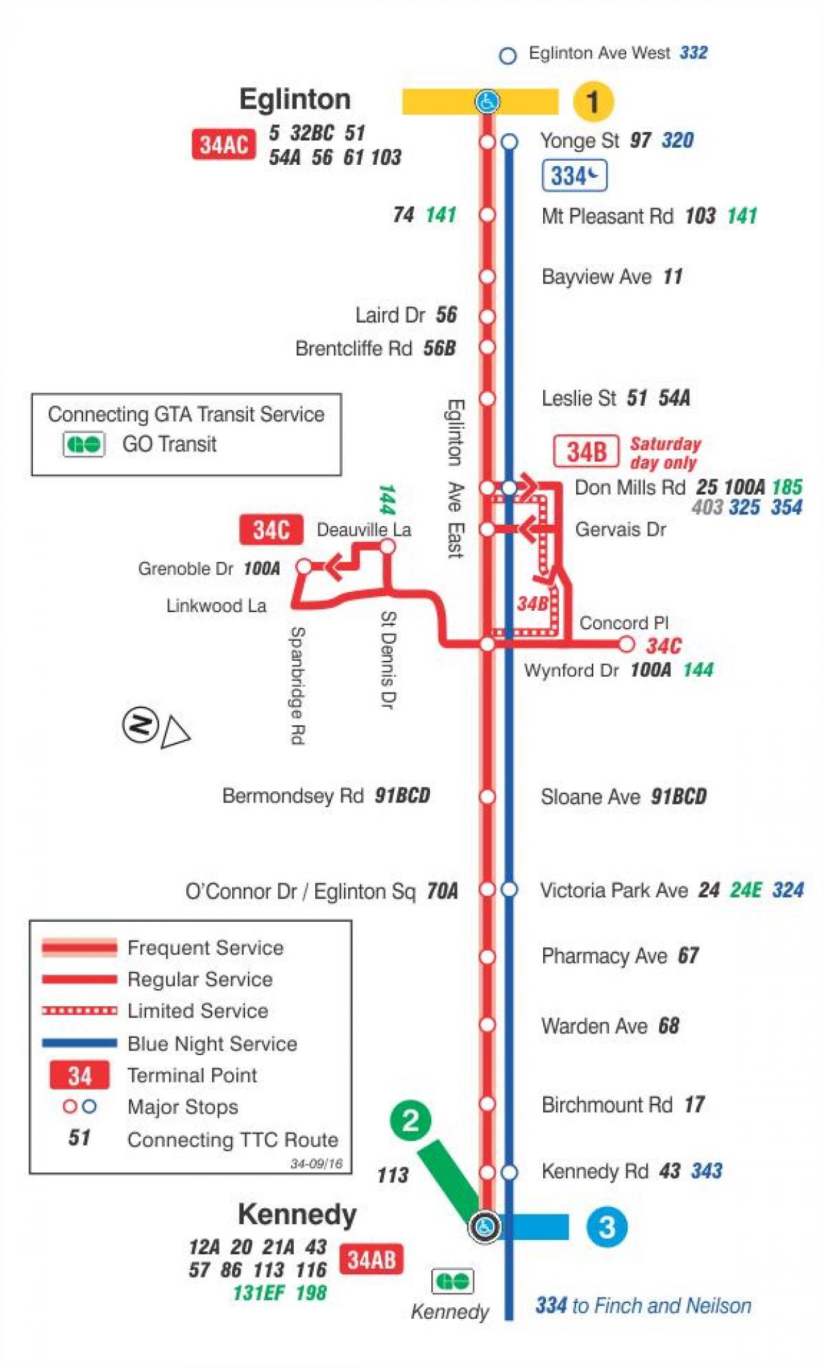 แผนที่ของ TTC 34 Eglinton ทางตะวันออกเส้นทางรถบัสโตรอนโต