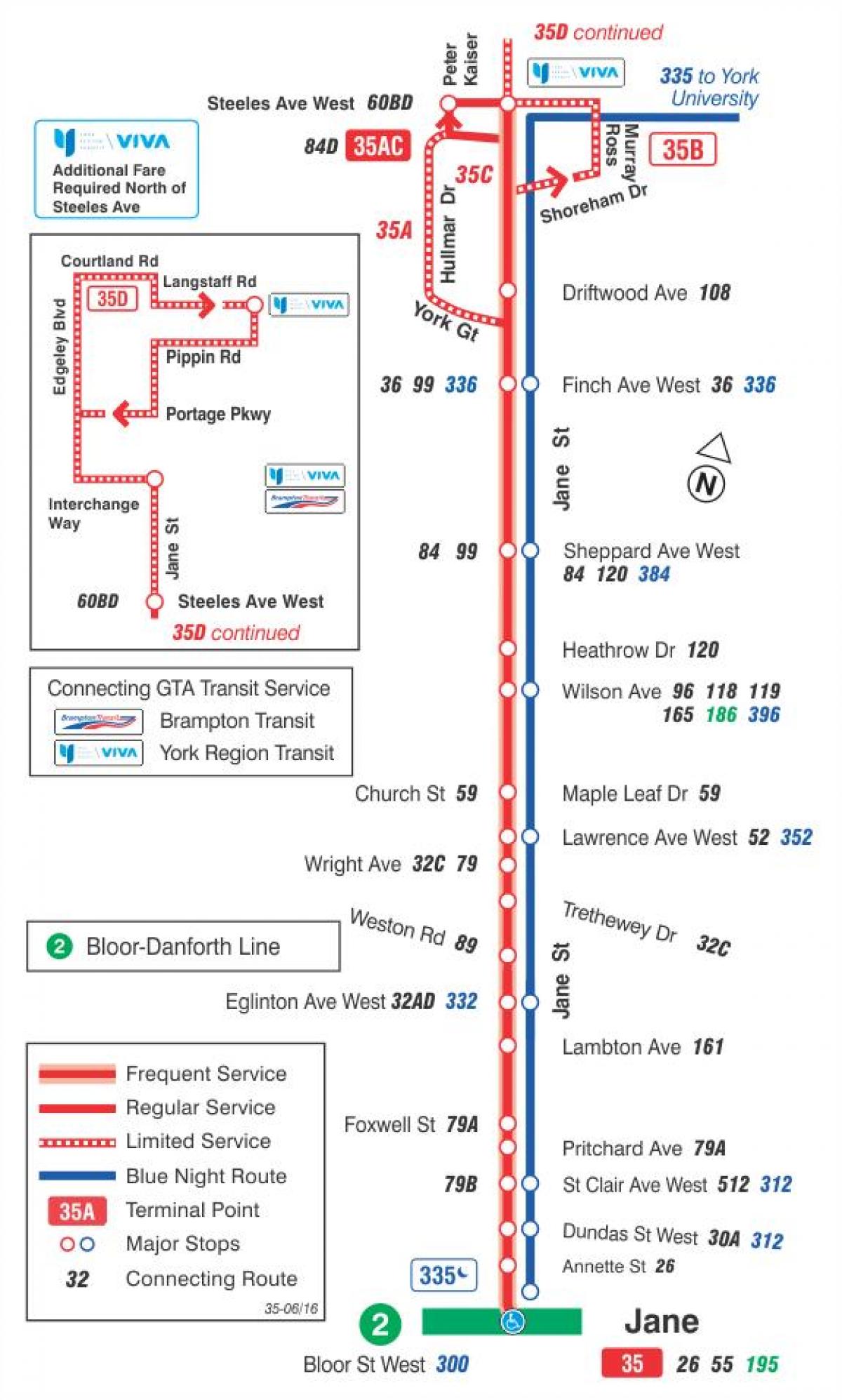 แผนที่ของ TTC 35 เจนเส้นทางรถบัสโตรอนโต