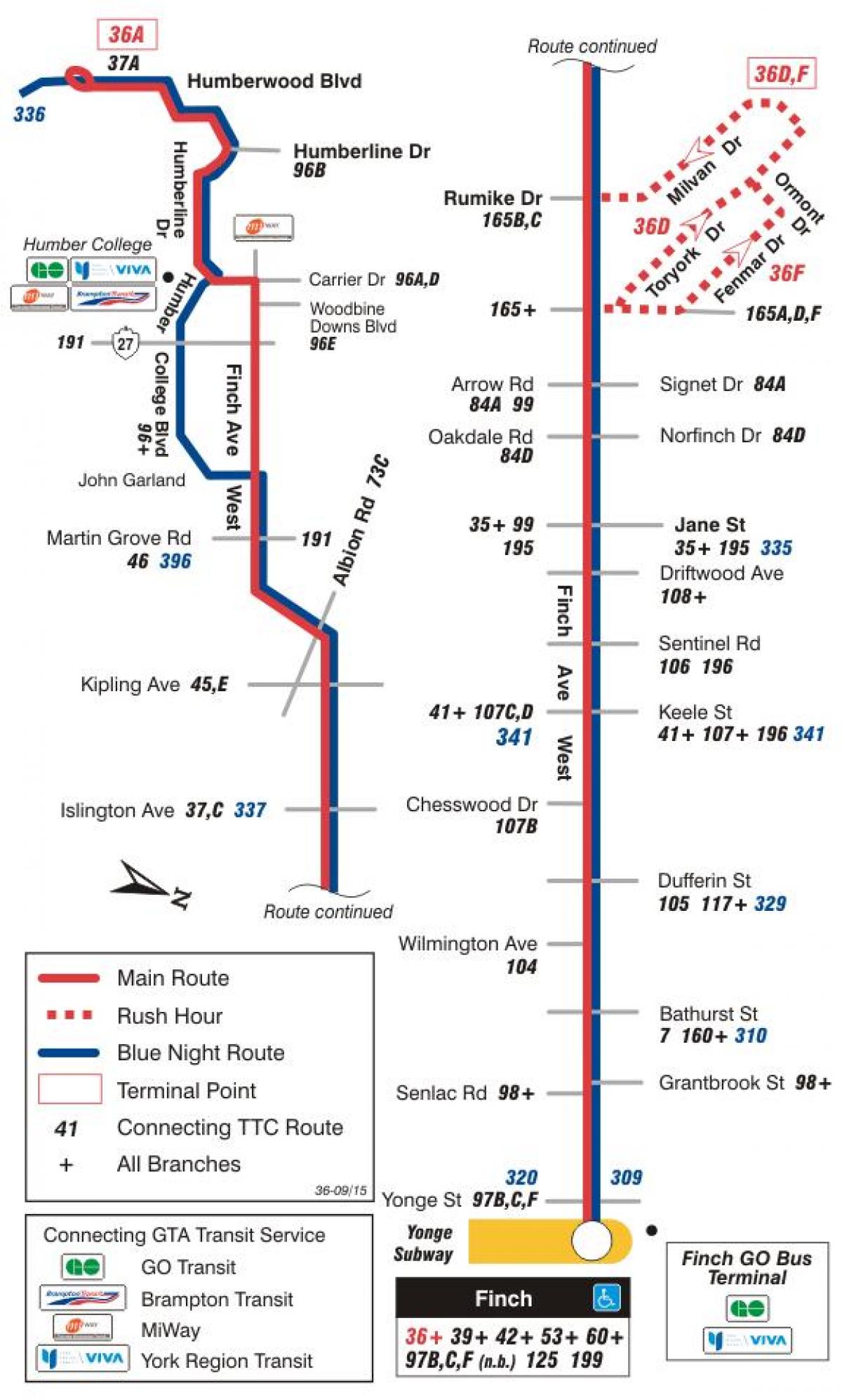 แผนที่ของ TTC 36 ฟินช์ทางตะวันตกนรถคันเส้นทางโตรอนโต