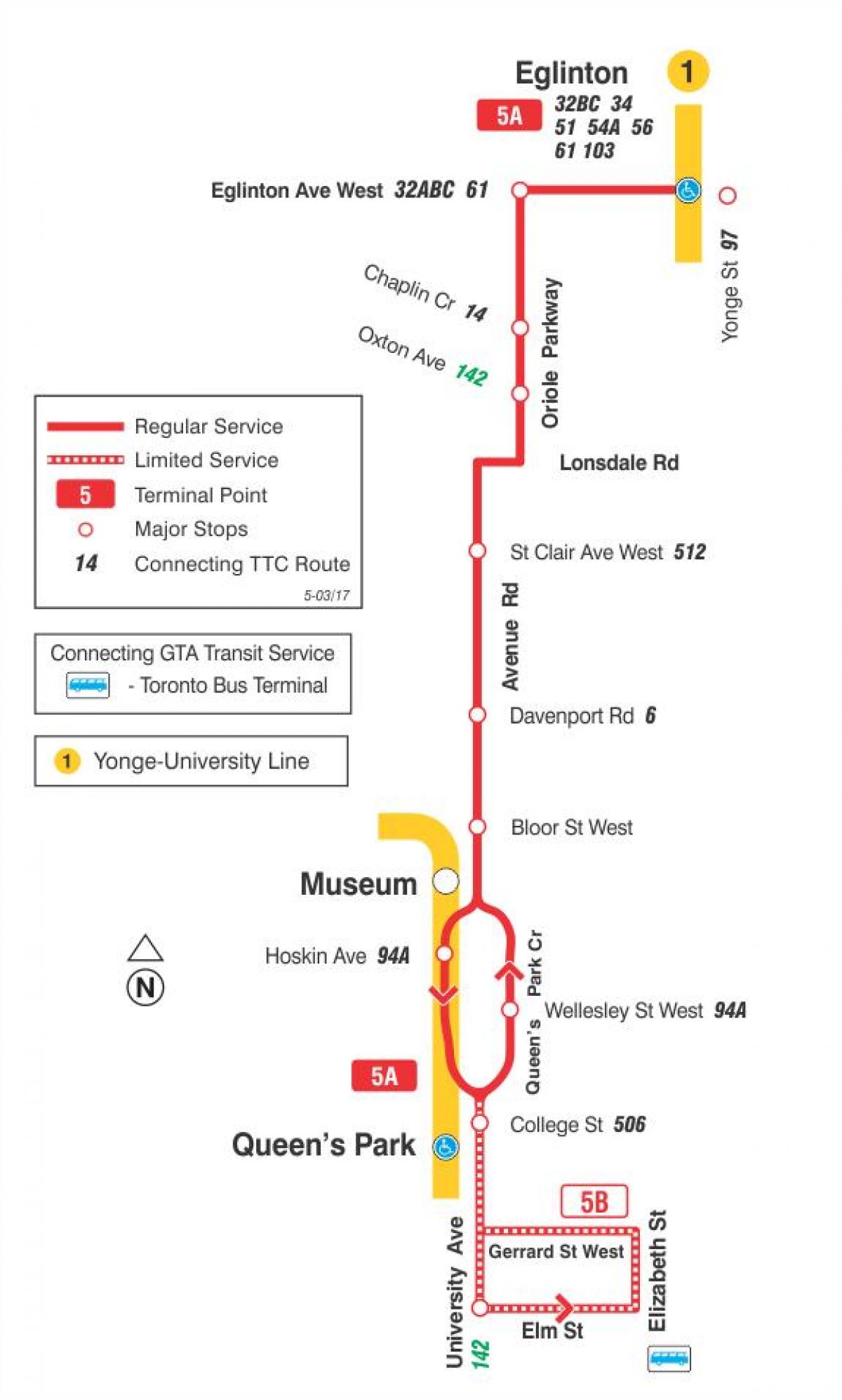 แผนที่ของ TTC 5 ถนน Rd เส้นทางรถบัสโตรอนโต