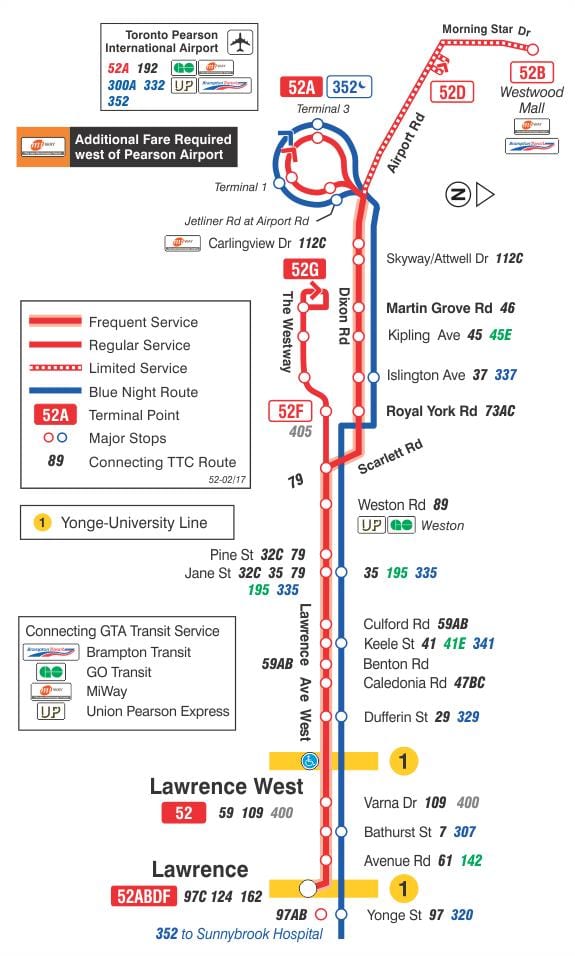 แผนที่ของ TTC 52 ลอเรนซ์ทางตะวันตกนรถคันเส้นทางโตรอนโต