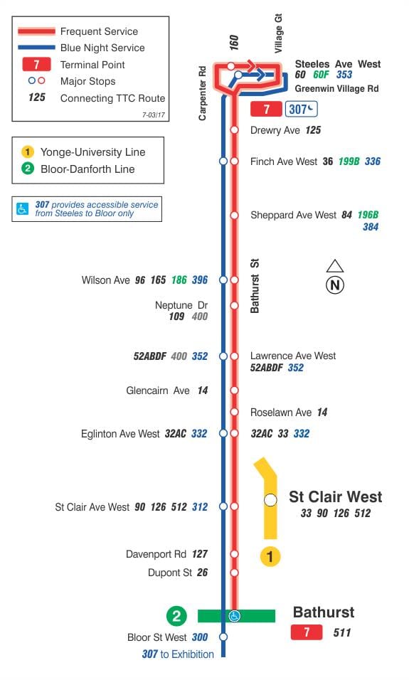 แผนที่ของ TTC 7 Bathurst เส้นทางรถบัสโตรอนโต