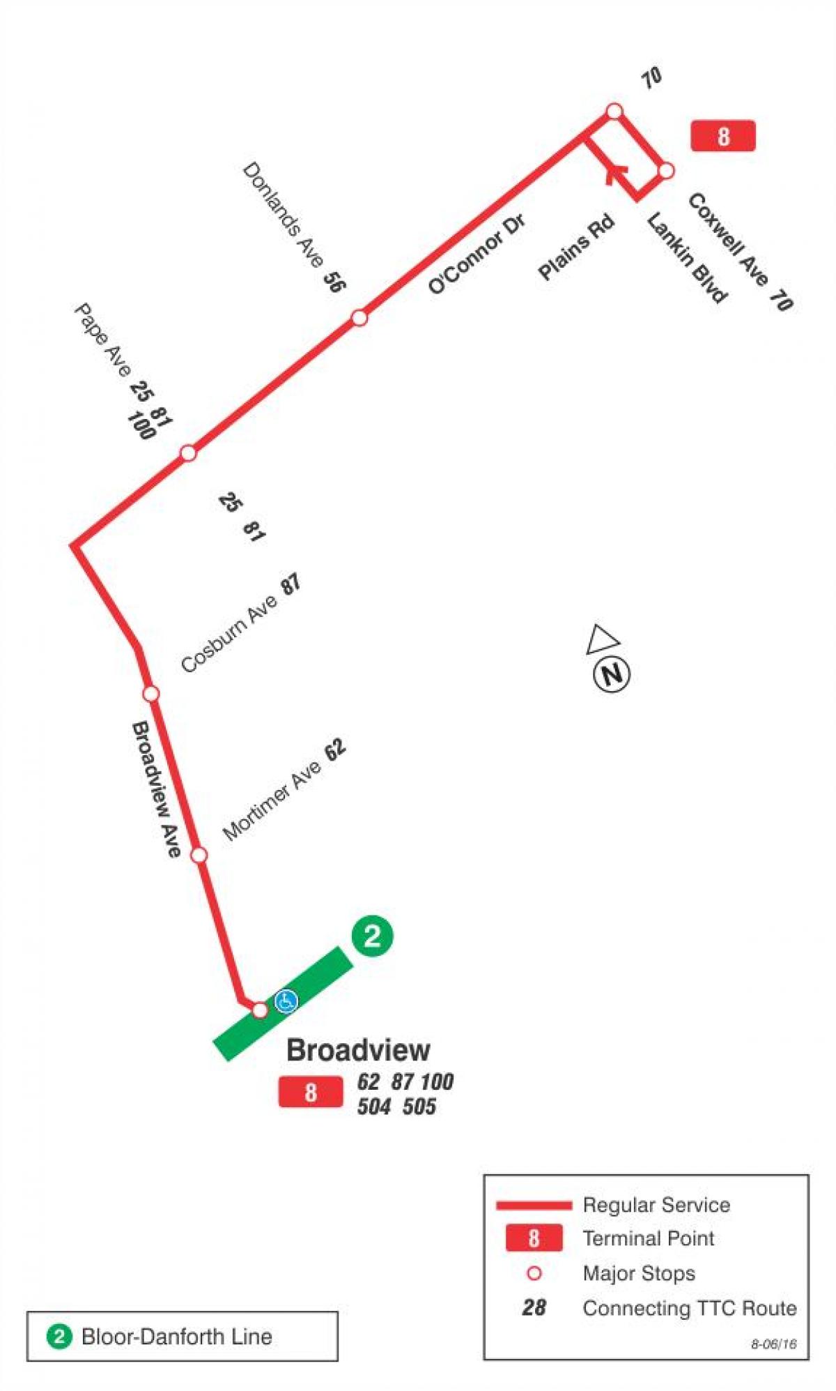 แผนที่ของ TTC 8 Broadview เส้นทางรถบัสโตรอนโต