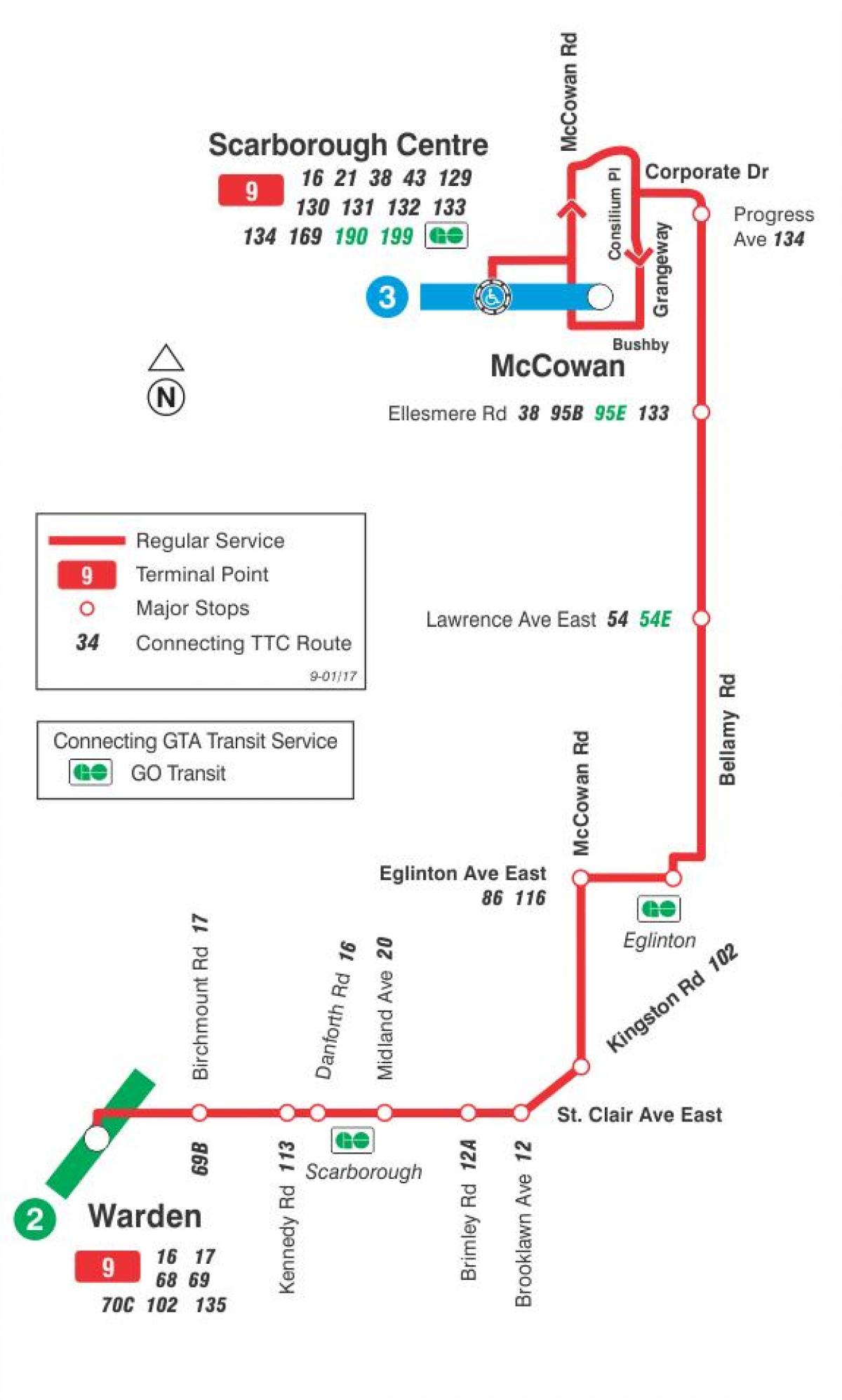 แผนที่ของ TTC 9 Bellamy เส้นทางรถบัสโตรอนโต