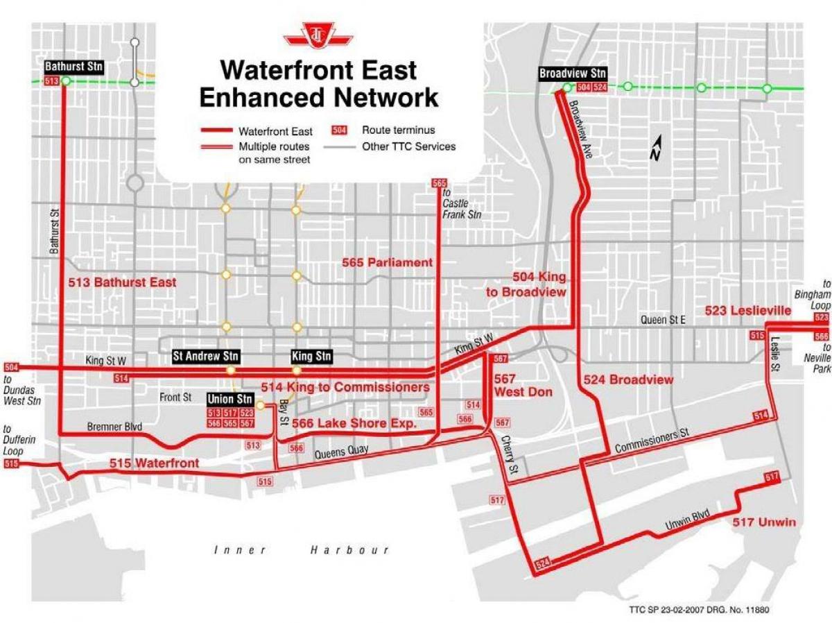 แผนที่ของ Waterfront ทางตะวันออกเพิ่มความสามารถบนเครือข่ายโตรอนโต