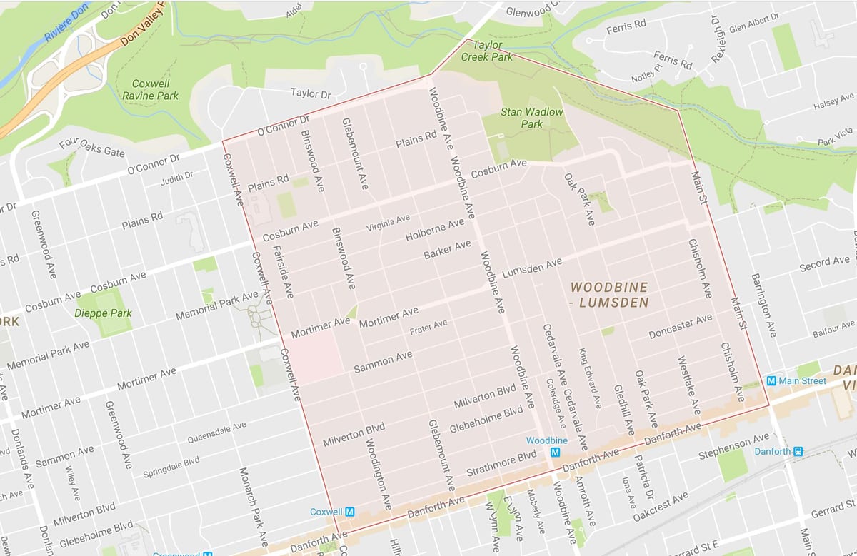 แผนที่ของ Woodbine ไฮเฝ้าระวังโตรอนโต