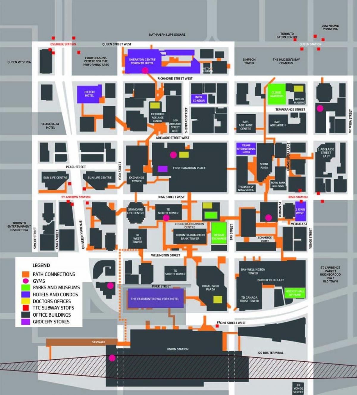 แผนที่ของเส้นทางโตรอนโตนในเมือง Pedestrian Walkway