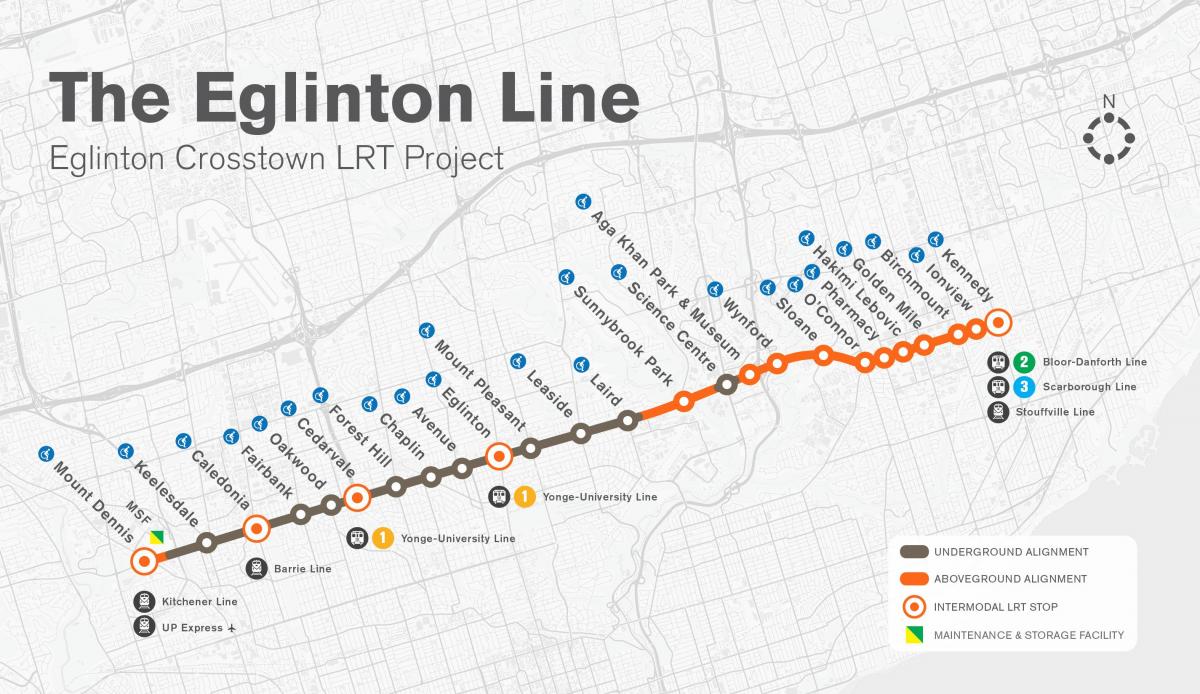 แผนที่ของโตรอนโตรถไฟใต้ดิน Eglinton เส้นโครงการ