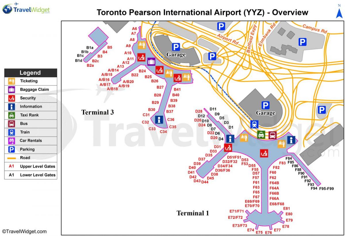 แผนที่ของโตรอนโตเพียร์สันระหว่างประเทศสนามบิน