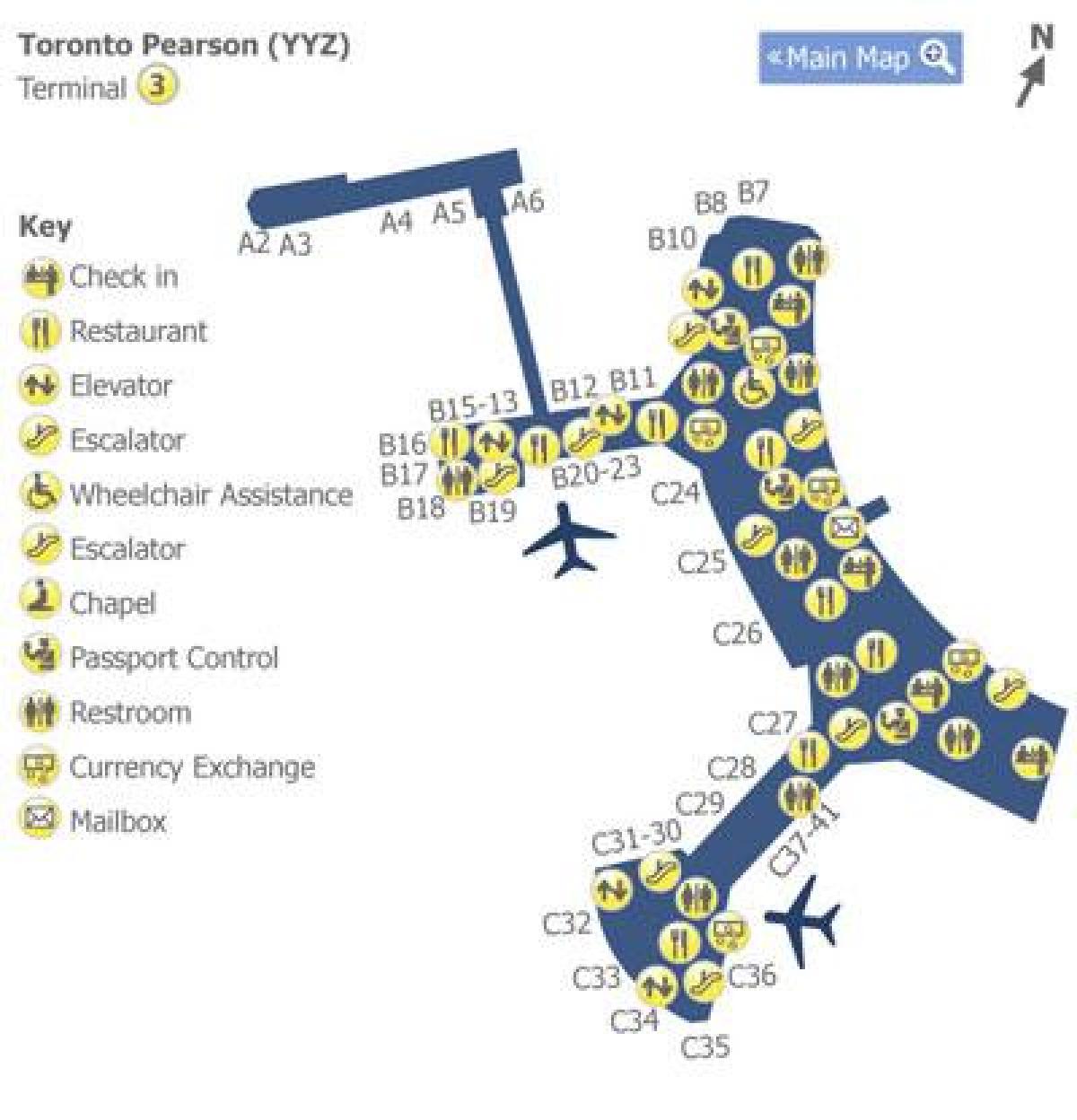 แผนที่ของโตรอนโตเพียร์สันสนามบินเทอร์มินัล 3
