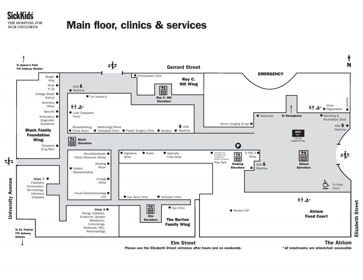 แผนที่ของโรงพยาบาลสำหรับป่วยเด็กโตรอนโตองโถงชั้นล่าง