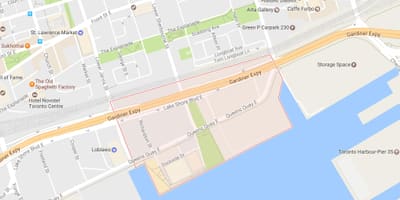 แผนที่ของทางตะวันออก Bayfront เฝ้าระวังโตรอนโต