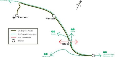 แผนที่ของโตรอนโตขึ้นมาแสดงเส้นทาง