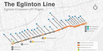 แผนที่ของโตรอนโตรถไฟใต้ดิน Eglinton เส้นโครงการ