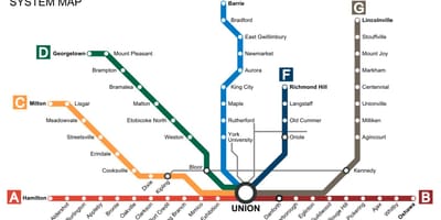 แผนที่ของโตรอนโตรถไฟไปที่ขนส่ง.