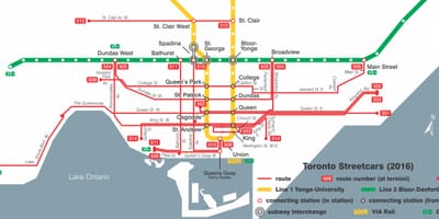แผนที่ของโตรอนโตของระบบ streetcar