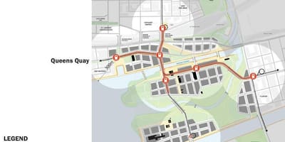 แผนที่ของ Projets ฝั่งตะวันออก Waterfront ทางตะวันออก Bayfront โตรอนโต