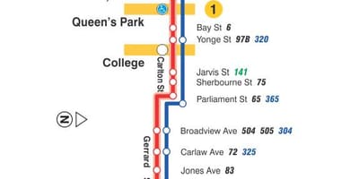 แผนที่ของ streetcar เส้น 506 วิทยาลัย/Carlton