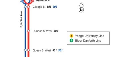 แผนที่ของ streetcar เส้น 510 Spadina