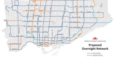 แผนที่ของ TTC ค้างคืนบนเครือข่ายโตรอนโต