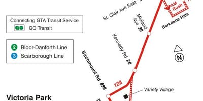 แผนที่ของ TTC 12 คิงส์ตั้นจอร์จ Rd เส้นทางรถบัสโตรอนโต