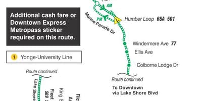 แผนที่ของ TTC 145 เมือง/Humber อ่าแสดงออกเดินโตรอนโต