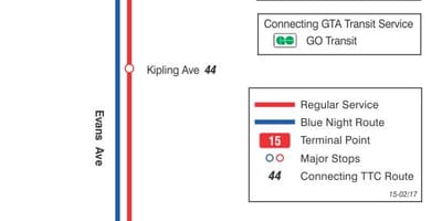แผนที่ของ TTC 15 อีแวนส์เส้นทางรถบัสโตรอนโต
