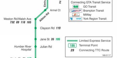 แผนที่ของ TTC 186 วิลสันจรวดเส้นทางรถบัสโตรอนโต