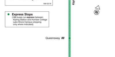 แผนที่ของ TTC 188 Kipling ทิศใต้จรวดเส้นทางรถบัสโตรอนโต