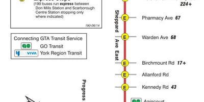 แผนที่ของ TTC 190 Scarborough ศูนย์กลางจรวดเส้นทางรถบัสโตรอนโต