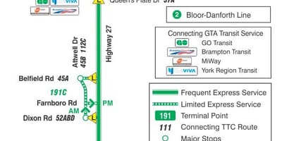 แผนที่ของ TTC 191 ทางหลวงอายุ 27 จรวดเส้นทางรถบัสโตรอนโต