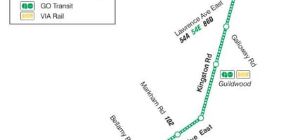 แผนที่ของ TTC 198 ดำน้ำของที Scarborough จรวดเส้นทางรถบัสโตรอนโต