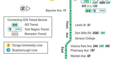 แผนที่ของ TTC 199 ฟินช์จรวดเส้นทางรถบัสโตรอนโต