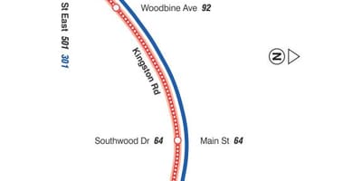 แผนที่ของ TTC 22 Coxwell เส้นทางรถบัสโตรอนโต