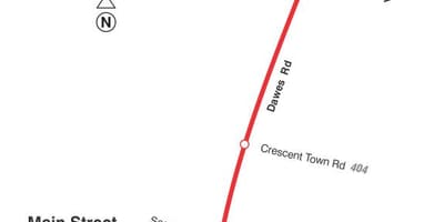 แผนที่ของ TTC 23 Dawes เส้นทางรถบัสโตรอนโต