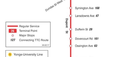 แผนที่ของ TTC 26 พักเส้นทางรถบัสโตรอนโต