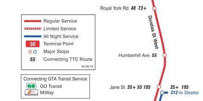 แผนที่ของ TTC 30 Lambton เส้นทางรถบัสโตรอนโต