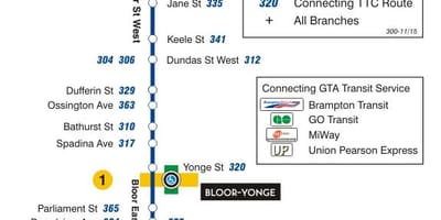 แผนที่ของ TTC 300A Bloor-Danforth เส้นทางรถบัสโตรอนโต