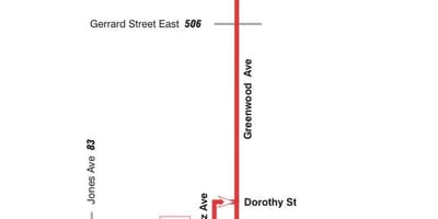 แผนที่ของ TTC 31 Greenwood เส้นทางรถบัสโตรอนโต