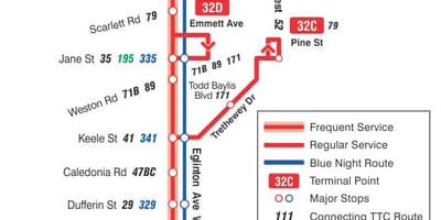 แผนที่ของ TTC 32 Eglinton ทางตะวันตกนรถคันเส้นทางโตรอนโต