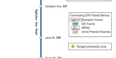 แผนที่ของ TTC 332 Eglinton ทางตะวันตกนรถคันเส้นทางโตรอนโต