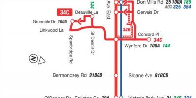 แผนที่ของ TTC 34 Eglinton ทางตะวันออกเส้นทางรถบัสโตรอนโต