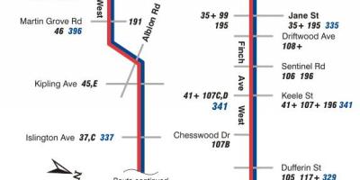 แผนที่ของ TTC 36 ฟินช์ทางตะวันตกนรถคันเส้นทางโตรอนโต