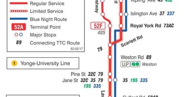 แผนที่ของ TTC 52 ลอเรนซ์ทางตะวันตกนรถคันเส้นทางโตรอนโต