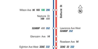 แผนที่ของ TTC 7 Bathurst เส้นทางรถบัสโตรอนโต
