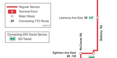 แผนที่ของ TTC 9 Bellamy เส้นทางรถบัสโตรอนโต